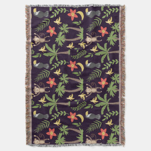 Tropical animals seamless pattern monkey & macaw throw blanket
