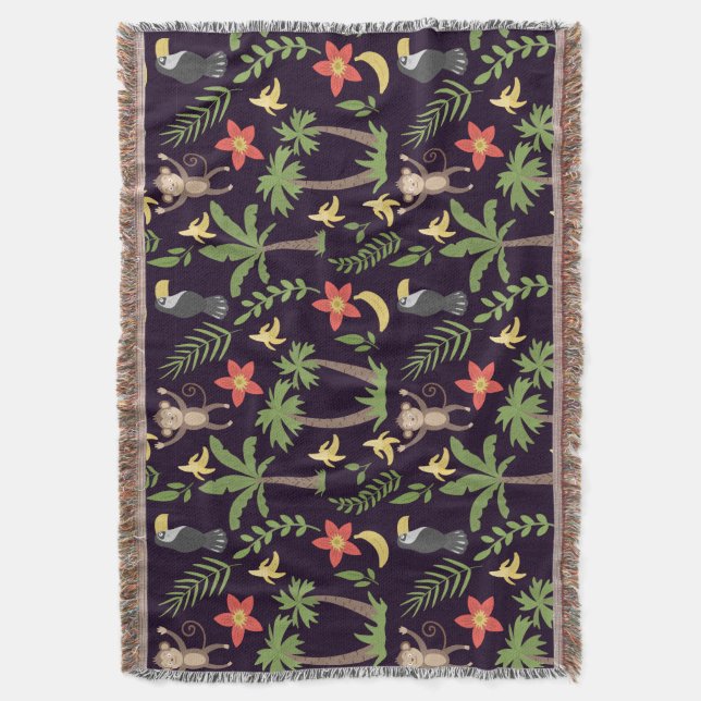 Tropical animals seamless pattern monkey & macaw throw blanket (Front Vertical)