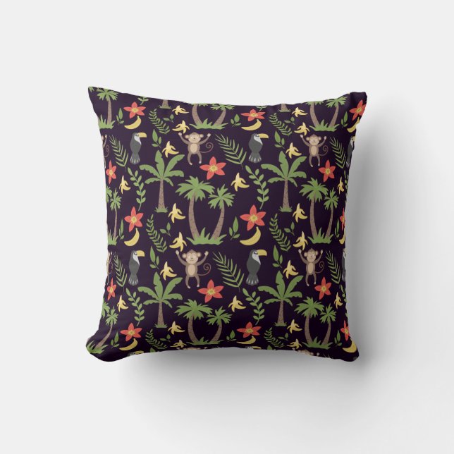 Tropical animals seamless pattern monkey & macaw throw pillow (Front)