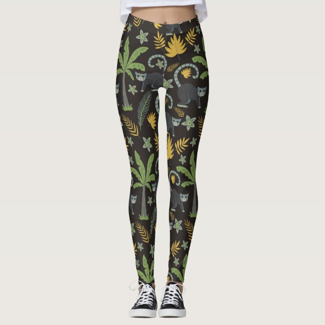 Tropical animals seamless pattern monkey palm tree leggings (Front)