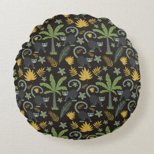 Tropical animals seamless pattern monkey palm tree round pillow