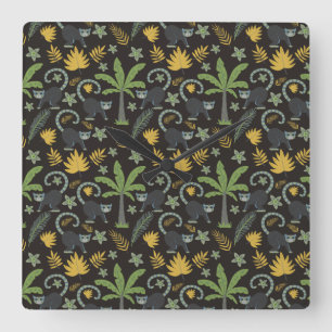 Tropical animals seamless pattern monkey palm tree square wall clock