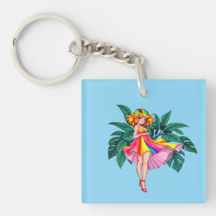 Tropical Anime Girl in Black Dress Square Acrylic Keychain