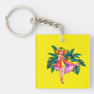 Tropical Anime Girl rainbow Dress Square Acrylic  Keychain