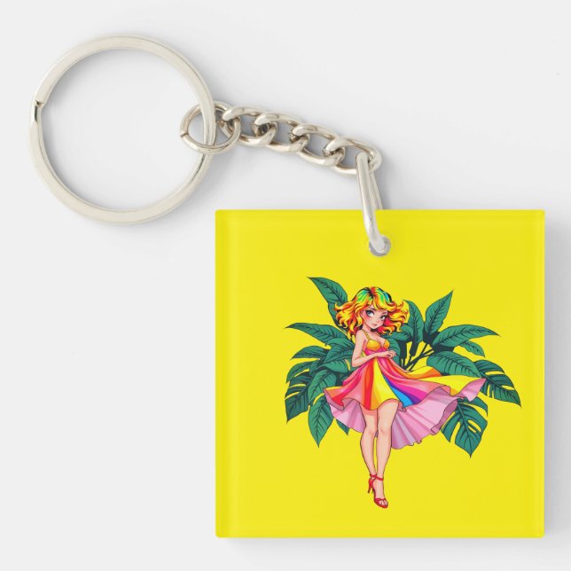 Tropical Anime Girl rainbow Dress Square Acrylic  Keychain (Front)