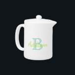 Tropical Aqua and Lime Monogram<br><div class="desc">Cute white teapot that you can personalize with your name and initial in tropical Lime Green and Cool Aqua. A matching teapot and plate are also available.</div>