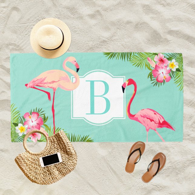 Tropical Aqua and Pink Flamingo Custom Monogram Beach Towel (Creator Uploaded)
