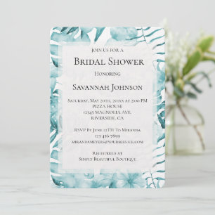 Tropical Aqua Blue Floral Leaves Bridal Shower Invitation