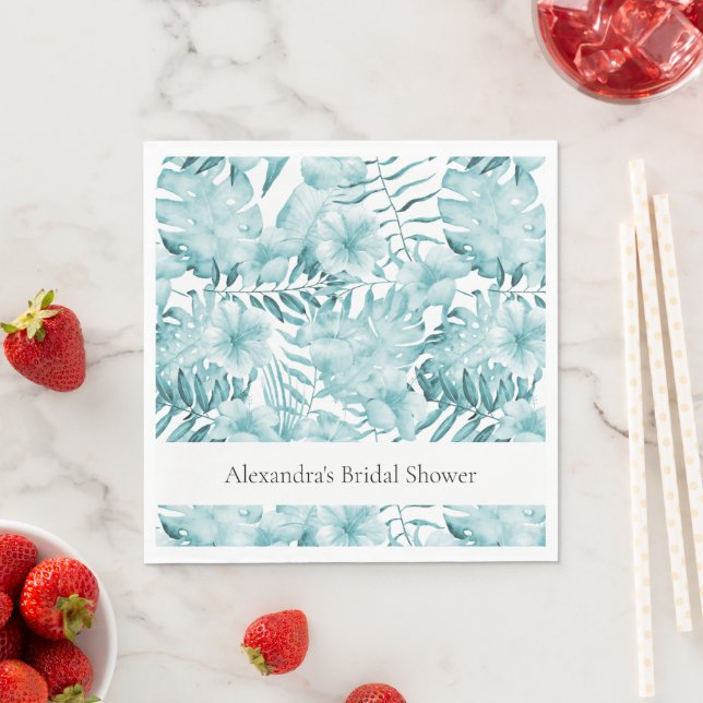 Tropical Aqua Blue Floral Leaves Bridal Shower Napkin (Insitu)