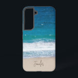Tropical Aqua Blue Ocean Waves Name Sandy Beach Samsung Galaxy Case<br><div class="desc">Tropical Aqua Blue Ocean Waves Name Sandy Beach Samsung Galaxy S22 Case: This personalized S22 case features a beautiful beach photo of the Pacific Ocean, taken in Big Sur, California. The aqua turquoise blue ocean waves gently crash on the sandy beach. You may edit the text to suit your needs,...</div>
