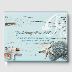 tropical  aqua blue seashells starfish wedding guest book