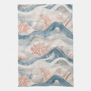 Tropical Aqua Coral Seashell Pattern Kitchen Towel