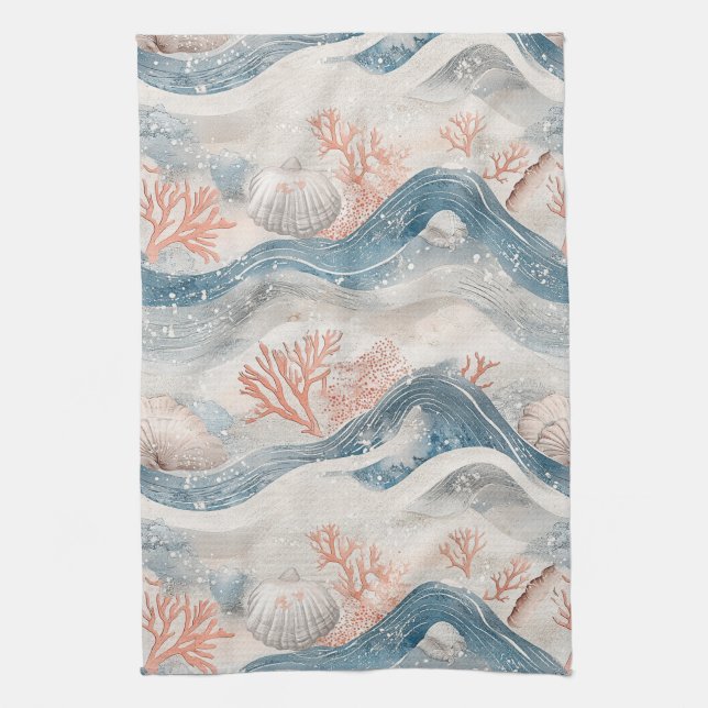 Tropical Aqua Coral Seashell Pattern Kitchen Towel (Vertical)