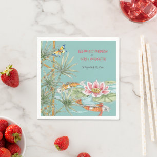 Tropical Aqua Koi Bamboo Floral Chinoiserie Custom Napkin