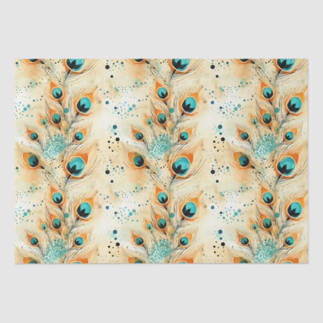 Tropical Aqua Peach Orange Peacock Feathers  Tissue Paper (Front)