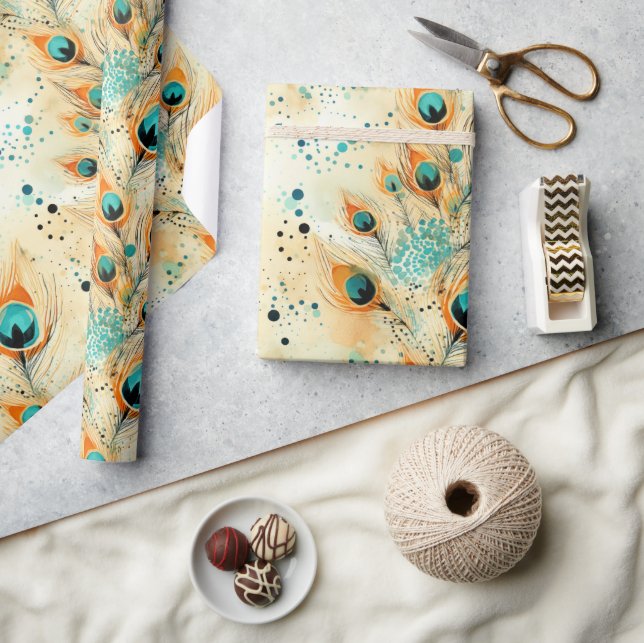 Tropical Aqua Peach Orange Peacock Feathers  Wrapping Paper (Crafts)