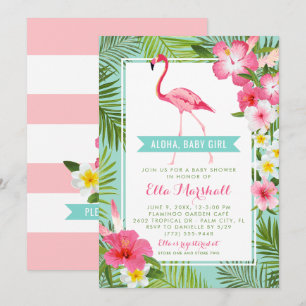 Tropical Aqua Pink Flamingo Aloha Girl Baby Shower Invitation