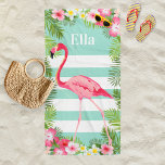 Tropical Aqua Pink Flamingo Floral Custom Monogram Beach Towel<br><div class="desc">This stylish personalized summer beach towel features a pretty pink flamingo,  lush tropical palm leaves,  hibiscus flowers,  and white coastal stripes. Vibrant colours include pink,  magenta,  yellow,  green,  seafoam,  and aqua blue. Personalize the custom text with a name.</div>
