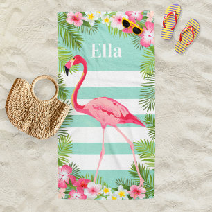 Tropical Aqua Pink Flamingo Floral Custom Monogram Beach Towel