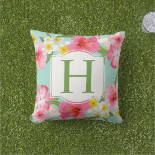 Tropical Aqua Pink Flowers Pattern Custom Monogram Throw Pillow
