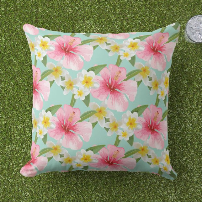Tropical Aqua Pink Hibiscus Flowers Pattern Outdoor Pillow (Grass)