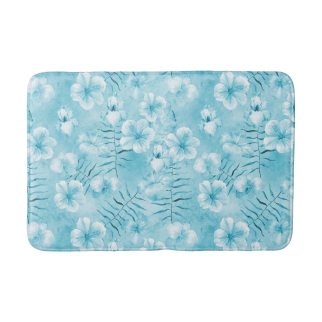 Tropical Aqua White Orchids Hibiscus Floral Bath Mat (Front)