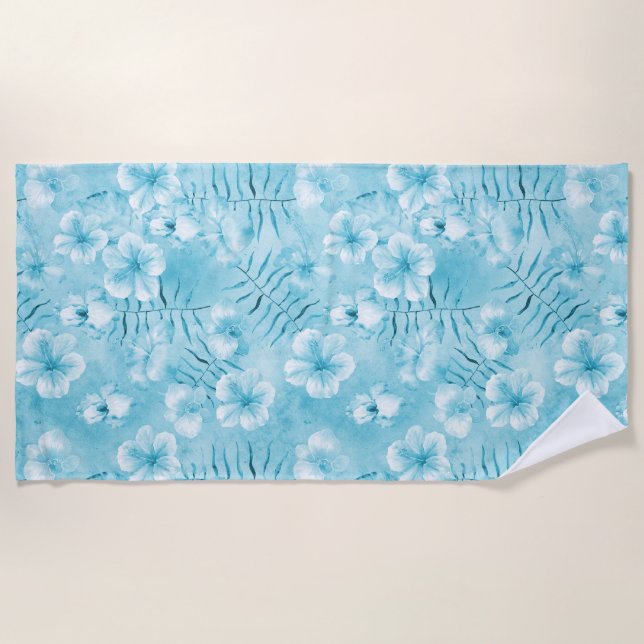 Tropical Aqua White Orchids Hibiscus Floral Beach Towel (Front)
