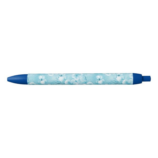 Tropical Aqua White Orchids Hibiscus Floral Black Ink Pen (Front)