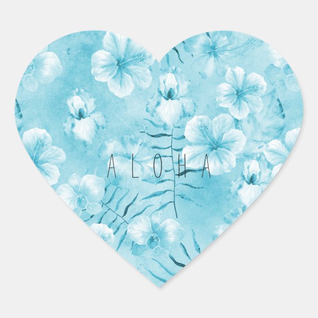 Tropical Aqua White Orchids Hibiscus Floral Heart Sticker (Front)