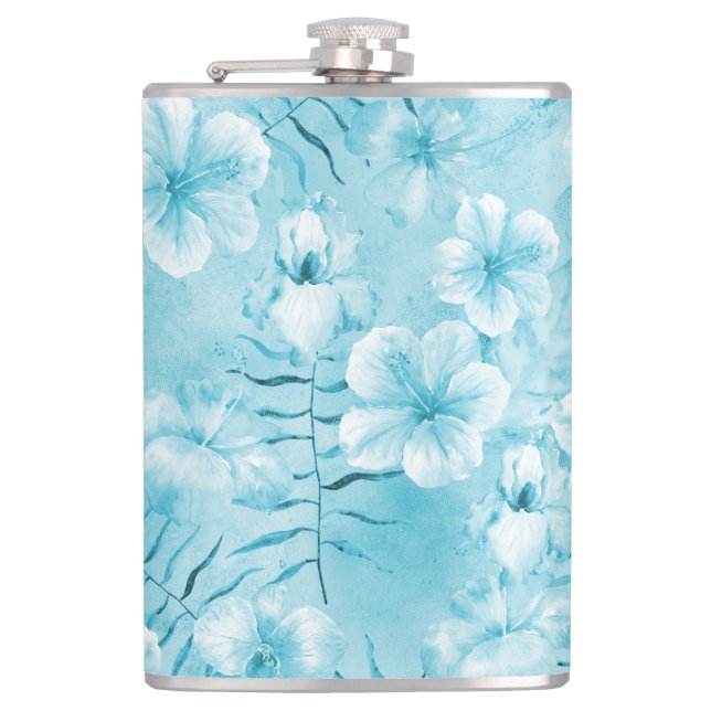 Tropical Aqua White Orchids Hibiscus Floral Hip Flask (Front)