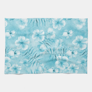 Tropical Aqua White Orchids Hibiscus Floral Kitchen Towel