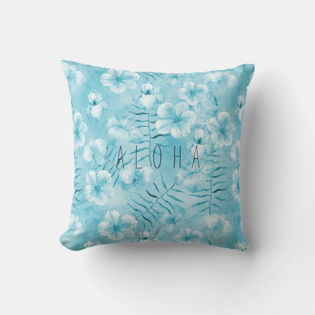 Tropical Aqua White Orchids Hibiscus Floral Throw Pillow (Front)