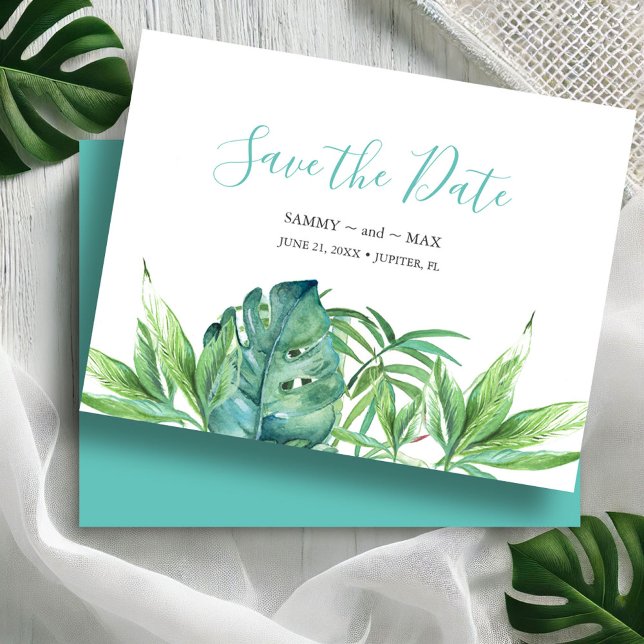 Tropical Aquarelle Faire-Part de Non-Mariage avec  (Save the dates watercolor tropical leaves destination weddings Victoria Grigaliunas DoTellABelle)