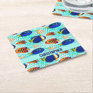 Tropical Aquarium Reef Fish Design Square Paper Coaster