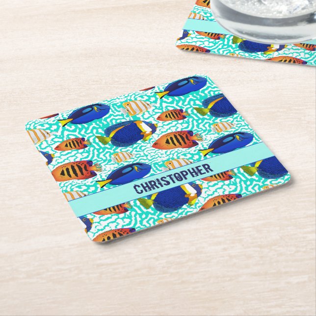 Tropical Aquarium Reef Fish Design Square Paper Coaster (Angled)