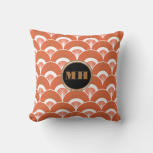 Tropical Art Deco Scalloped Fan Pattern Monogram Throw Pillow