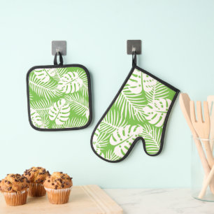 Tropical autumn, summer leaf patterns oven mitt & pot holder set