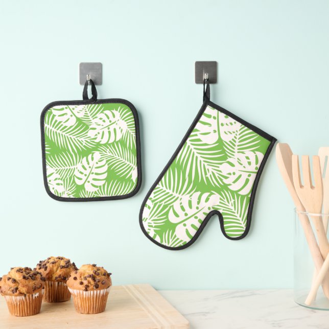 Tropical autumn, summer leaf patterns oven mitt & pot holder set (Insitu(Hanging))