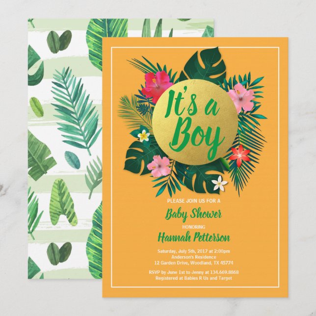 Tropical baby boy shower invitation summer luau (Front/Back)