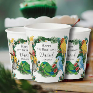 Tropical baby Parrots exotic Greenery 1st birthday Paper Cups