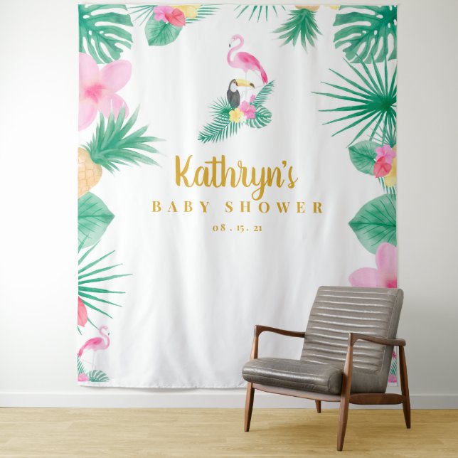 Tropical Baby Shower Backdrop, Photobooth Prop Tapestry (In Situ)
