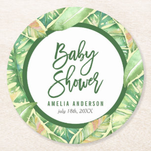 Tropical Baby Shower Green Watercolor Leaves Round Paper Coaster