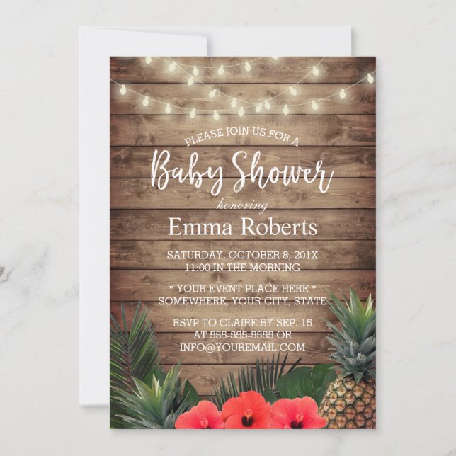 Tropical Baby Shower Pineapple & String Lights Invitation (Front)
