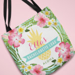 Tropical Bachelorette Luau Pineapple Flowers Tote Bag<br><div class="desc">"Aloha" personalized wedding bachelorette luau party bags feature a yellow pineapple with lush frame of green palm leaves and tropical hibiscus flowers. Stylish custom text can be personalized with the bride's name and your choice of wording. Vibrant colours include pink,  magenta,  green,  yellow,  seafoam,  and aqua blue.</div>