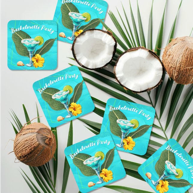Tropical Bachelorette Party Blue Waves Square Paper Coaster (Creator Uploaded)