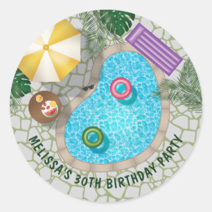Tropical Backyard Pool Summer Pool Birthday Party Classic Round Sticker