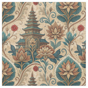 Tropical Balinese Floral Temple Mural Art Pattern Fabric