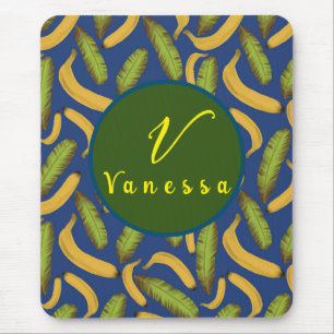 Tropical Banana Blue Leaf Monogram Script  Mouse Pad