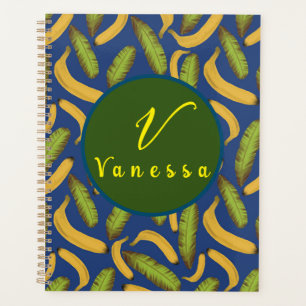 Tropical Banana Blue Leaf Monogram Script Planner