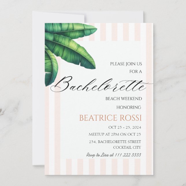 Tropical Banana Leaf Bachelorette Weekend Beach Invitation (Front)
